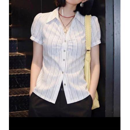 BY11385# 夏季新款法式条纹短袖衬衫女简约收腰显瘦大码轻奢风上衣潮流 服裝批發女裝批發服飾貨源