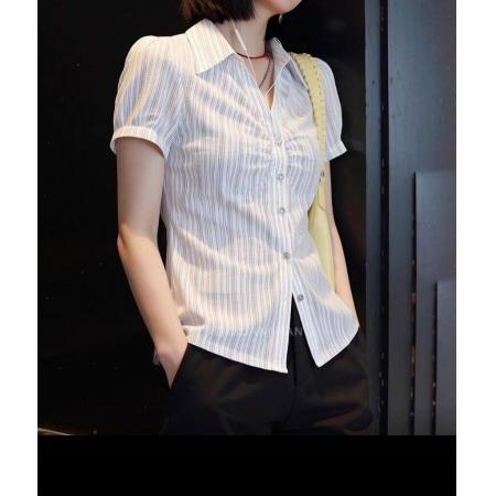 BY11385# 夏季新款法式条纹短袖衬衫女简约收腰显瘦大码轻奢风上衣潮流 服裝批發女裝批發服飾貨源