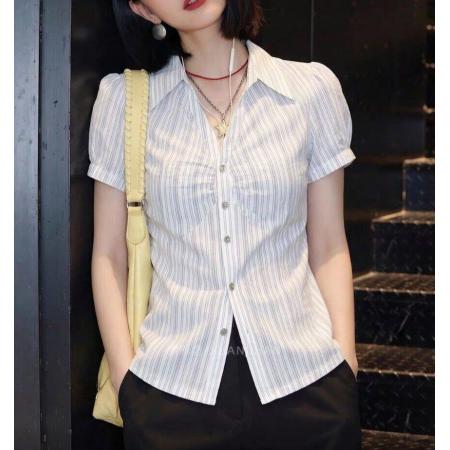 BY11385# 夏季新款法式条纹短袖衬衫女简约收腰显瘦大码轻奢风上衣潮流 服裝批發女裝批發服飾貨源