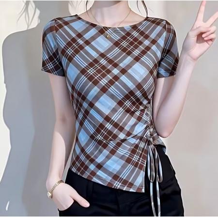BY11386# 复古格纹网纱短袖T恤女夏季新款不规则抽绳洋气显瘦减龄上衣 服裝批發女裝批發服飾貨源