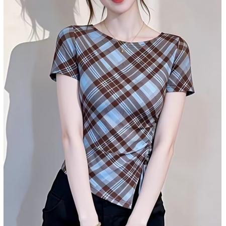 BY11386# 复古格纹网纱短袖T恤女夏季新款不规则抽绳洋气显瘦减龄上衣 服裝批發女裝批發服飾貨源