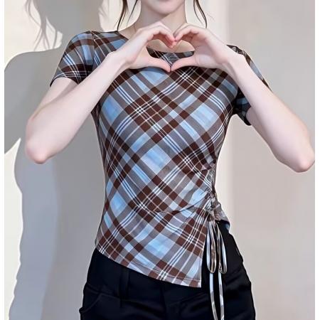 BY11386# 复古格纹网纱短袖T恤女夏季新款不规则抽绳洋气显瘦减龄上衣 服裝批發女裝批發服飾貨源