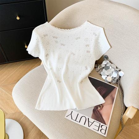 BY11387# 圆领透视内搭外穿针织衫上衣女早春烫钻短袖修身显瘦套头毛衫 服裝批發女裝批發服飾貨源