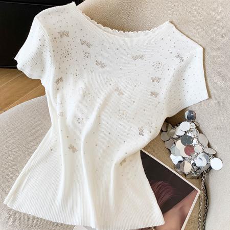 BY11387# 圆领透视内搭外穿针织衫上衣女早春烫钻短袖修身显瘦套头毛衫 服裝批發女裝批發服飾貨源