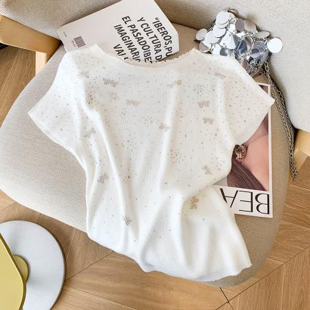 BY11387# 圆领透视内搭外穿针织衫上衣女早春烫钻短袖修身显瘦套头毛衫 服裝批發女裝批發服飾貨源