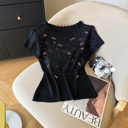 BY11387# 圆领透视内搭外穿针织衫上衣女早春烫钻短袖修身显瘦套头毛衫 服裝批發女裝批發服飾貨源