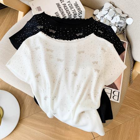 BY11387# 圆领透视内搭外穿针织衫上衣女早春烫钻短袖修身显瘦套头毛衫 服裝批發女裝批發服飾貨源