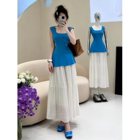 BY11388# 氛围感休闲套装女夏季纯欲风无袖针织上衣高腰蛋糕裙两件装潮 服裝批發女裝批發服飾貨源