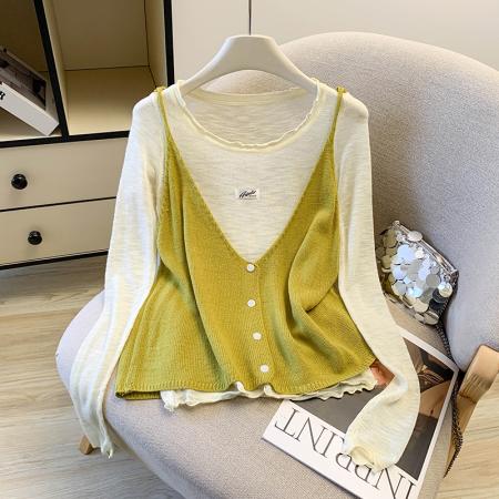 BY11390# 韩系软糯纯色针织吊带卷边透视亲肤减龄T春季新款两件套 服裝批發女裝批發服飾貨源