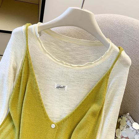 BY11390# 韩系软糯纯色针织吊带卷边透视亲肤减龄T春季新款两件套 服裝批發女裝批發服飾貨源