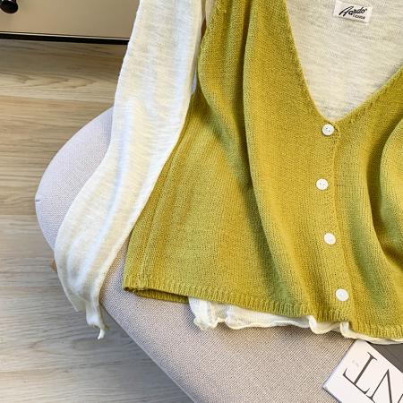 BY11390# 韩系软糯纯色针织吊带卷边透视亲肤减龄T春季新款两件套 服裝批發女裝批發服飾貨源