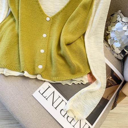 BY11390# 韩系软糯纯色针织吊带卷边透视亲肤减龄T春季新款两件套 服裝批發女裝批發服飾貨源