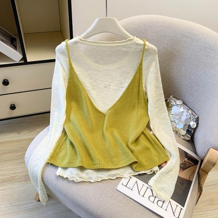 BY11390# 韩系软糯纯色针织吊带卷边透视亲肤减龄T春季新款两件套 服裝批發女裝批發服飾貨源