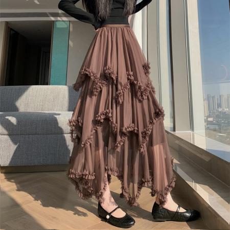 BY11392# 现木耳边不规则网纱蛋糕半身裙高腰大摆蓬蓬裙 服裝批發女裝批發服飾貨源