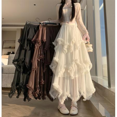 BY11392# 现木耳边不规则网纱蛋糕半身裙高腰大摆蓬蓬裙 服裝批發女裝批發服飾貨源