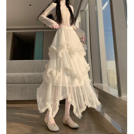 BY11392# 现木耳边不规则网纱蛋糕半身裙高腰大摆蓬蓬裙 服裝批發女裝批發服飾貨源