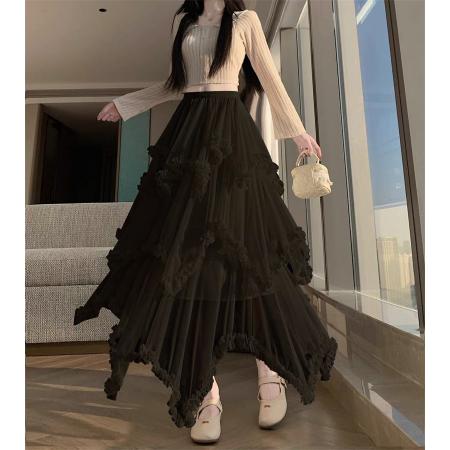 BY11392# 现木耳边不规则网纱蛋糕半身裙高腰大摆蓬蓬裙 服裝批發女裝批發服飾貨源