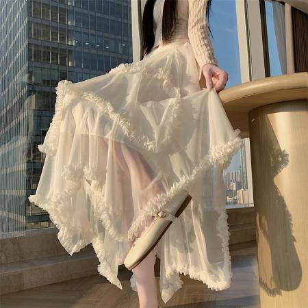 BY11392# 现木耳边不规则网纱蛋糕半身裙高腰大摆蓬蓬裙 服裝批發女裝批發服飾貨源