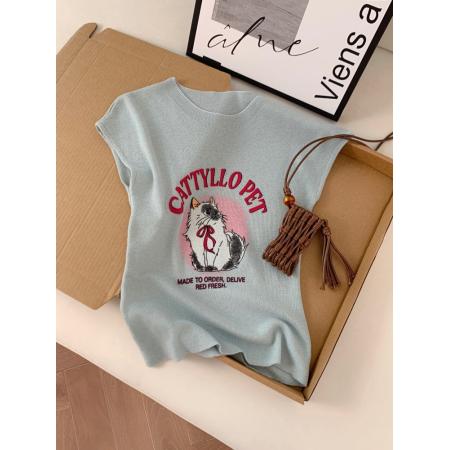 BY11395# 夏季新款设计感印花韩系上衣女显瘦气质外穿百搭卡通小猫针织 服裝批發女裝批發服飾貨源