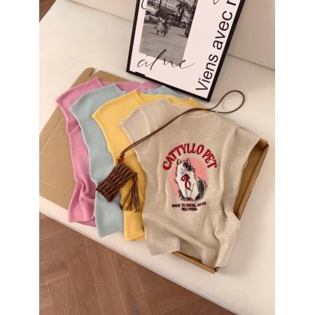 BY11395# 夏季新款设计感印花韩系上衣女显瘦气质外穿百搭卡通小猫针织 服裝批發女裝批發服飾貨源