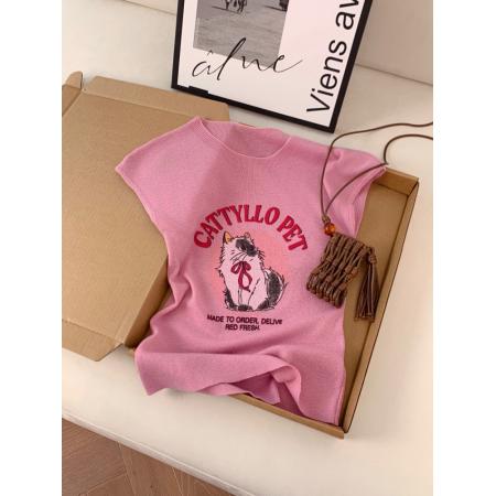 BY11395# 夏季新款设计感印花韩系上衣女显瘦气质外穿百搭卡通小猫针织 服裝批發女裝批發服飾貨源