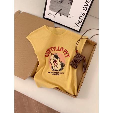 BY11395# 夏季新款设计感印花韩系上衣女显瘦气质外穿百搭卡通小猫针织 服裝批發女裝批發服飾貨源