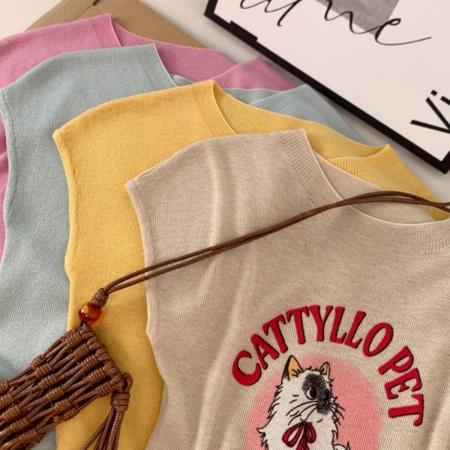 BY11395# 夏季新款设计感印花韩系上衣女显瘦气质外穿百搭卡通小猫针织 服裝批發女裝批發服飾貨源