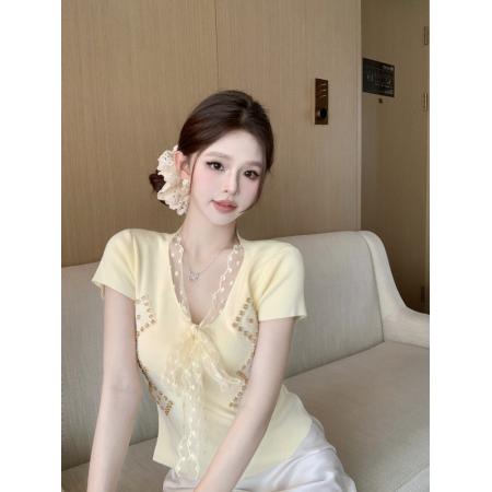 BY11399# 甜美少女色系蕾丝蝴蝶结短袖上衣拼接短袖修身洋气火爆流行新款 服裝批發女裝批發服飾貨源