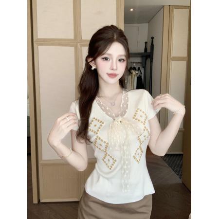 BY11399# 甜美少女色系蕾丝蝴蝶结短袖上衣拼接短袖修身洋气火爆流行新款 服裝批發女裝批發服飾貨源