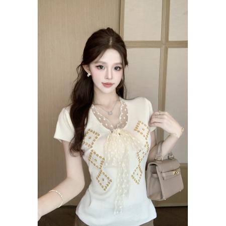 BY11399# 甜美少女色系蕾丝蝴蝶结短袖上衣拼接短袖修身洋气火爆流行新款 服裝批發女裝批發服飾貨源