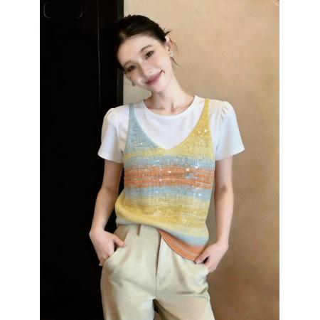 BY11402# 两件套上衣女重工绣珠片渐变色绣针织吊带白色圆领正肩短袖T 服裝批發女裝批發服飾貨源