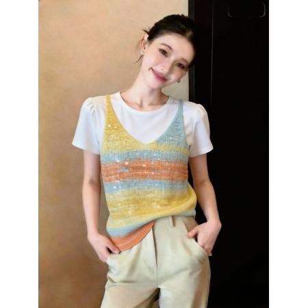 BY11402# 两件套上衣女重工绣珠片渐变色绣针织吊带白色圆领正肩短袖T 服裝批發女裝批發服飾貨源