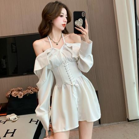 BY11408# 设计感小众polo领衬衫漏肩设计感法式系带腰封纯欲衬衫裙 服裝批發女裝批發服飾貨源