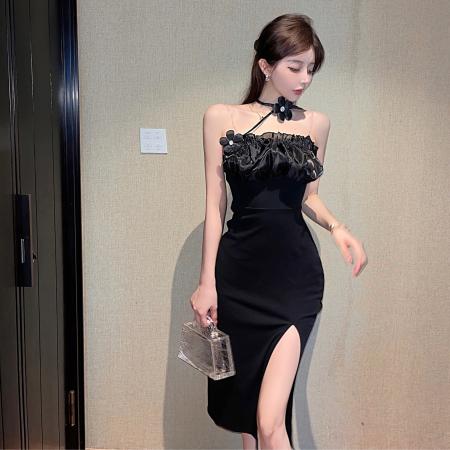 BY11409# 高级感法式优雅名媛气质斜挂脖式花朵修身包臀连衣裙 服裝批發女裝批發服飾貨源