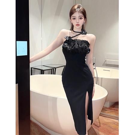 BY11409# 高级感法式优雅名媛气质斜挂脖式花朵修身包臀连衣裙 服裝批發女裝批發服飾貨源