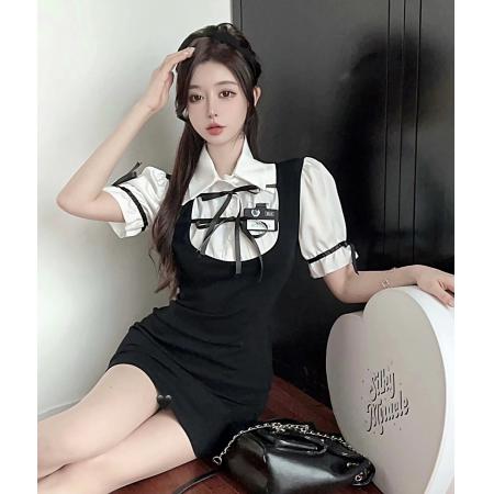 BY11411# 泡泡袖衬衣拼接假两件连衣裙甜辣纯欲包臀短裙配胸牌 服裝批發女裝批發服飾貨源