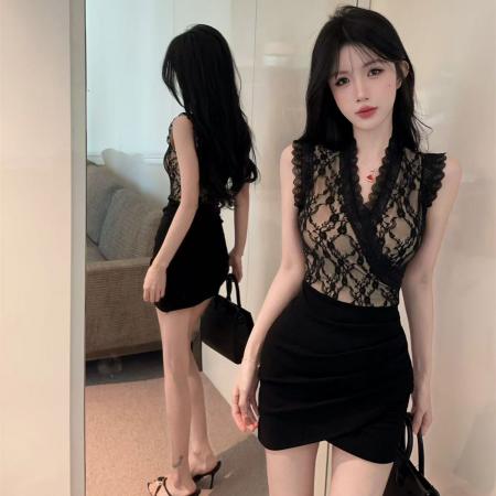 BY11412# 纯欲风性感v领蕾丝拼接修身包臀假两件辣妹连衣裙 服裝批發女裝批發服飾貨源