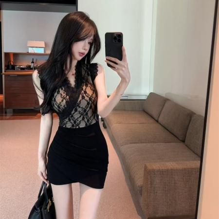 BY11412# 纯欲风性感v领蕾丝拼接修身包臀假两件辣妹连衣裙 服裝批發女裝批發服飾貨源