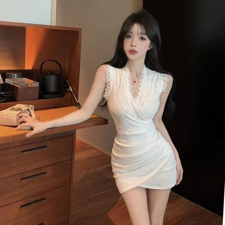 BY11412# 纯欲风性感v领蕾丝拼接修身包臀假两件辣妹连衣裙 服裝批發女裝批發服飾貨源