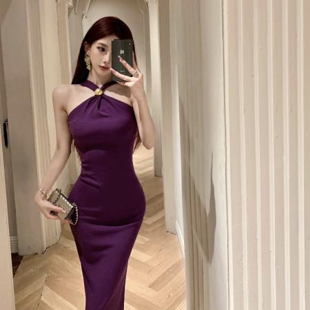 BY11413# 高级感纯欲挂脖无袖优雅气质礼服修身显瘦气质连衣裙 服裝批發女裝批發服飾貨源