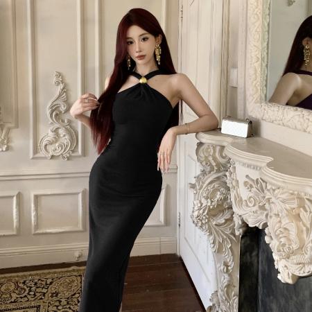 BY11413# 高级感纯欲挂脖无袖优雅气质礼服修身显瘦气质连衣裙 服裝批發女裝批發服飾貨源