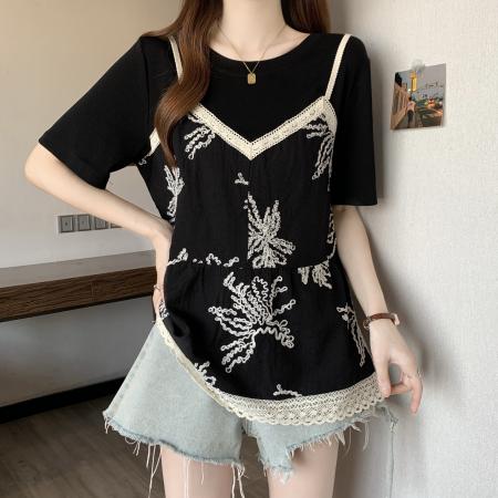 BY11414# 大码女装拼接绣花假两件显瘦上衣胖mm设计感圆领梨型衬衫 服裝批發女裝批發服飾貨源