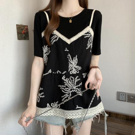 BY11414# 大码女装拼接绣花假两件显瘦上衣胖mm设计感圆领梨型衬衫 服裝批發女裝批發服飾貨源