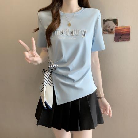 BY11415# 胖MM短袖上衣新款法式通勤气质设计感显瘦文艺风T恤女 服裝批發女裝批發服飾貨源