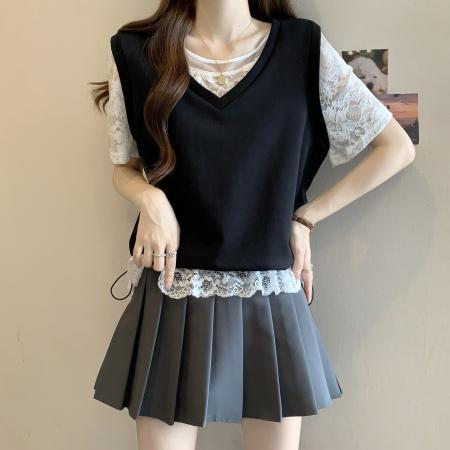 BY11416# 大码女装夏新款胖mm时尚蕾丝拼接假两件遮肉显瘦上衣百搭 服裝批發女裝批發服飾貨源