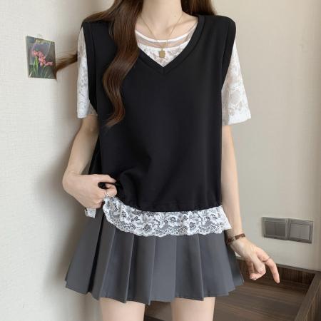 BY11416# 大码女装夏新款胖mm时尚蕾丝拼接假两件遮肉显瘦上衣百搭 服裝批發女裝批發服飾貨源