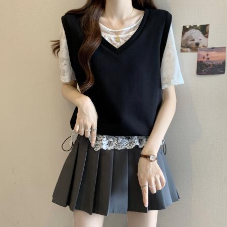 BY11416# 大码女装夏新款胖mm时尚蕾丝拼接假两件遮肉显瘦上衣百搭 服裝批發女裝批發服飾貨源