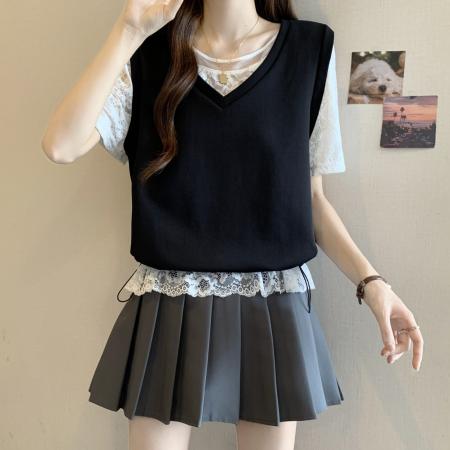 BY11416# 大码女装夏新款胖mm时尚蕾丝拼接假两件遮肉显瘦上衣百搭 服裝批發女裝批發服飾貨源