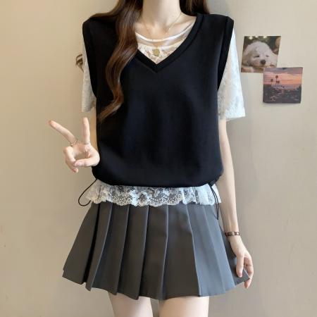 BY11416# 大码女装夏新款胖mm时尚蕾丝拼接假两件遮肉显瘦上衣百搭 服裝批發女裝批發服飾貨源