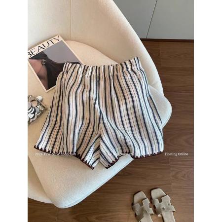 网图条纹编织亚麻短裤女新款设计感宽松显瘦百搭A字阔腿裤  服裝批發女裝批發服飾貨源
